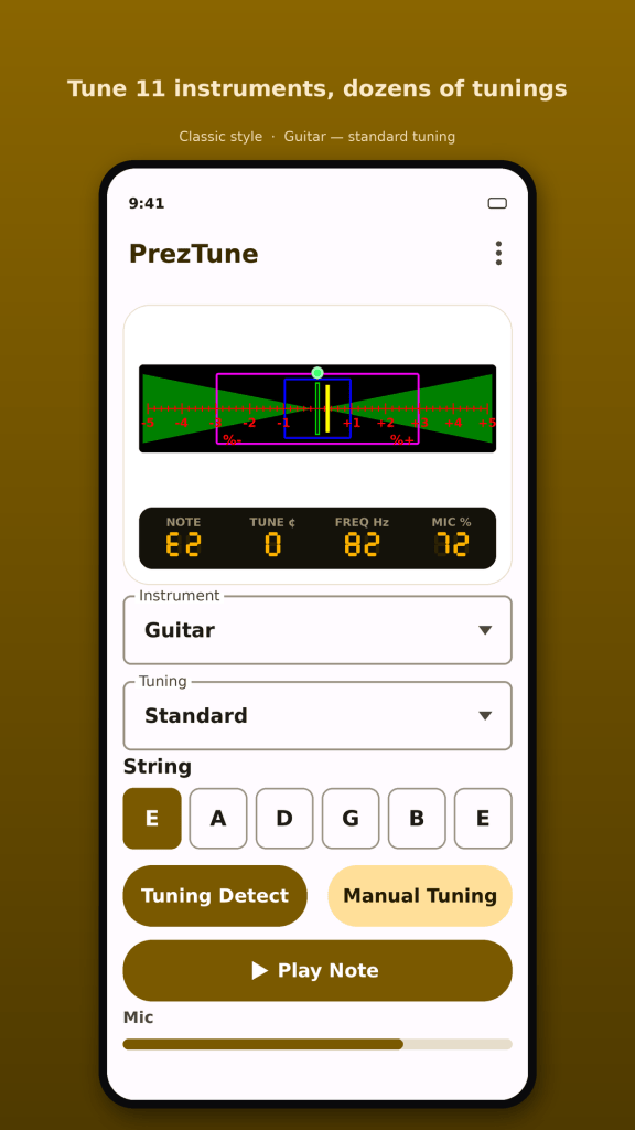 Classic style — Guitar, standard tuning, Tuning Detect mode.