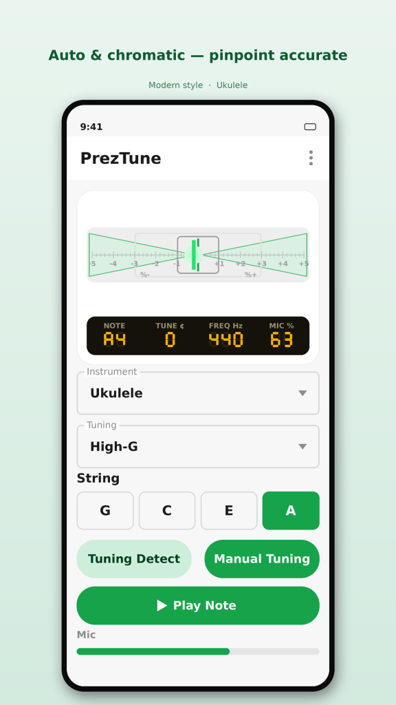 Modern style — Ukulele, Manual Tuning mode.