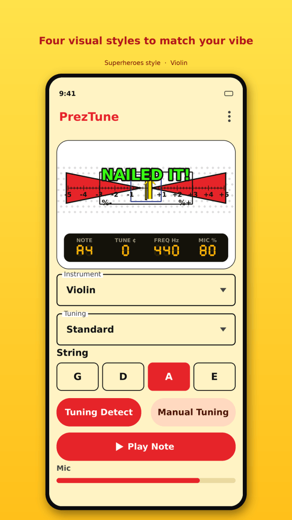 Superheroes style — Violin, Tuning Detect mode.