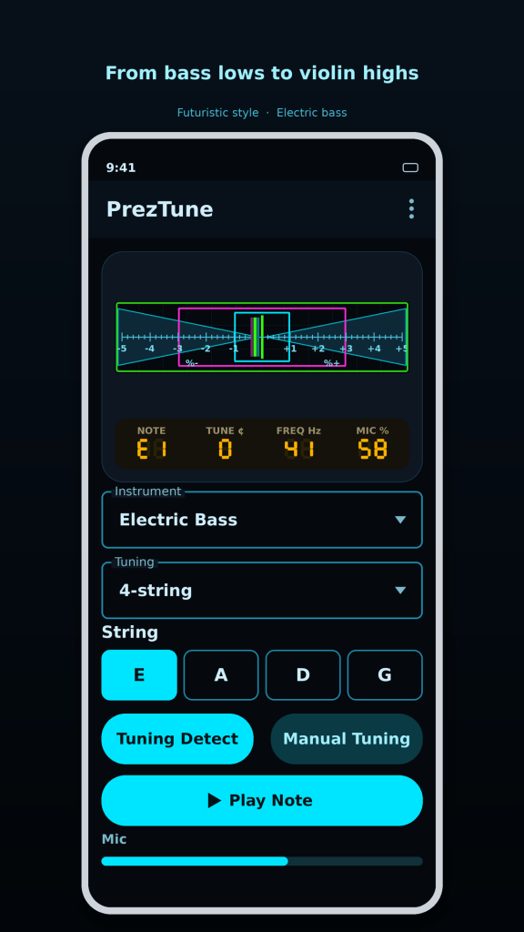 Futuristic style — Electric bass, Tuning Detect mode.